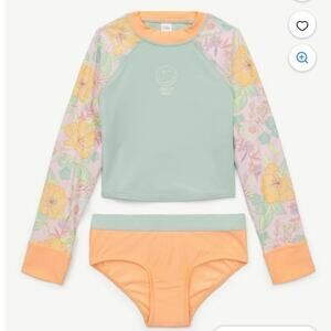 Justice Girls 2 Pc Long Sleeve Rashguard Swimsuit Pink/Blue Floral Size XL NEW